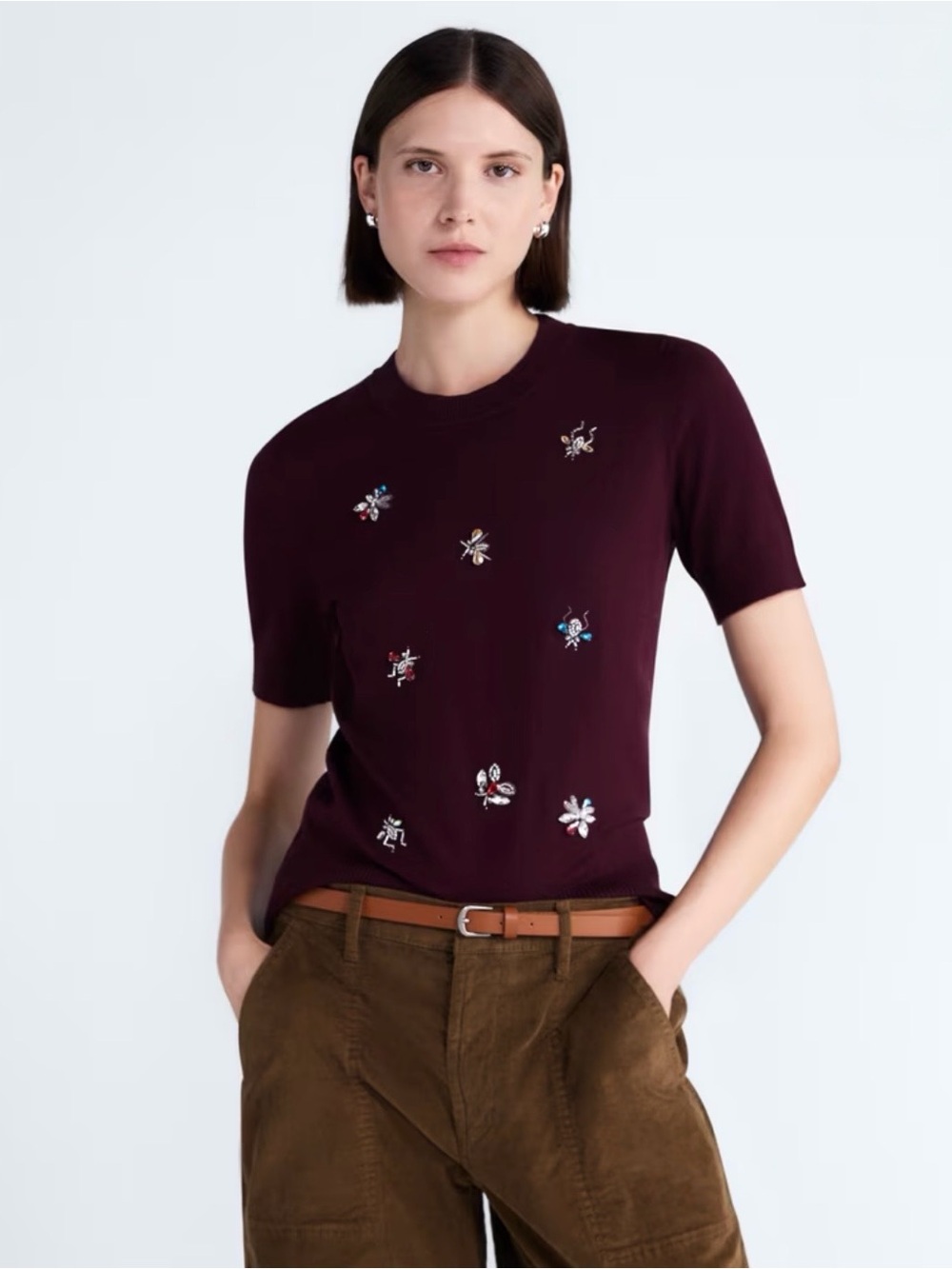 Free Assembly L Burgundy Crew What’s the Buzz Short Sleeve Embellished Sweater